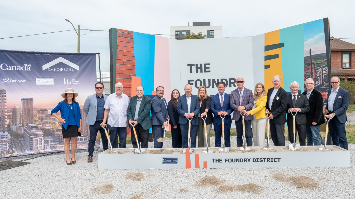 Members of Oshawa City Council joined representatives from the federal government, the Province of Ontario and the Region of Durham to break ground on The Foundry District, a major new mixed-use rental community rising on a 23-acre former industrial site in downtown Oshawa.