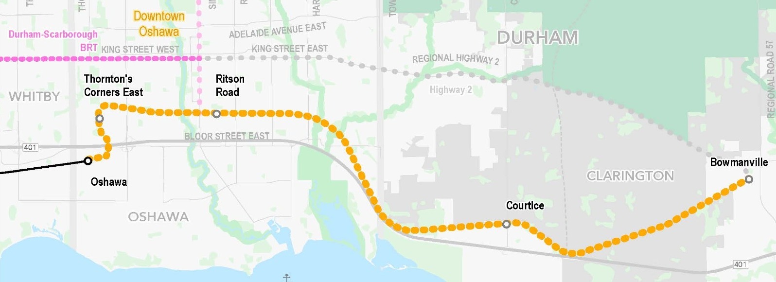 Map of the planned routing and station locations for the GO Lakeshore East Extension