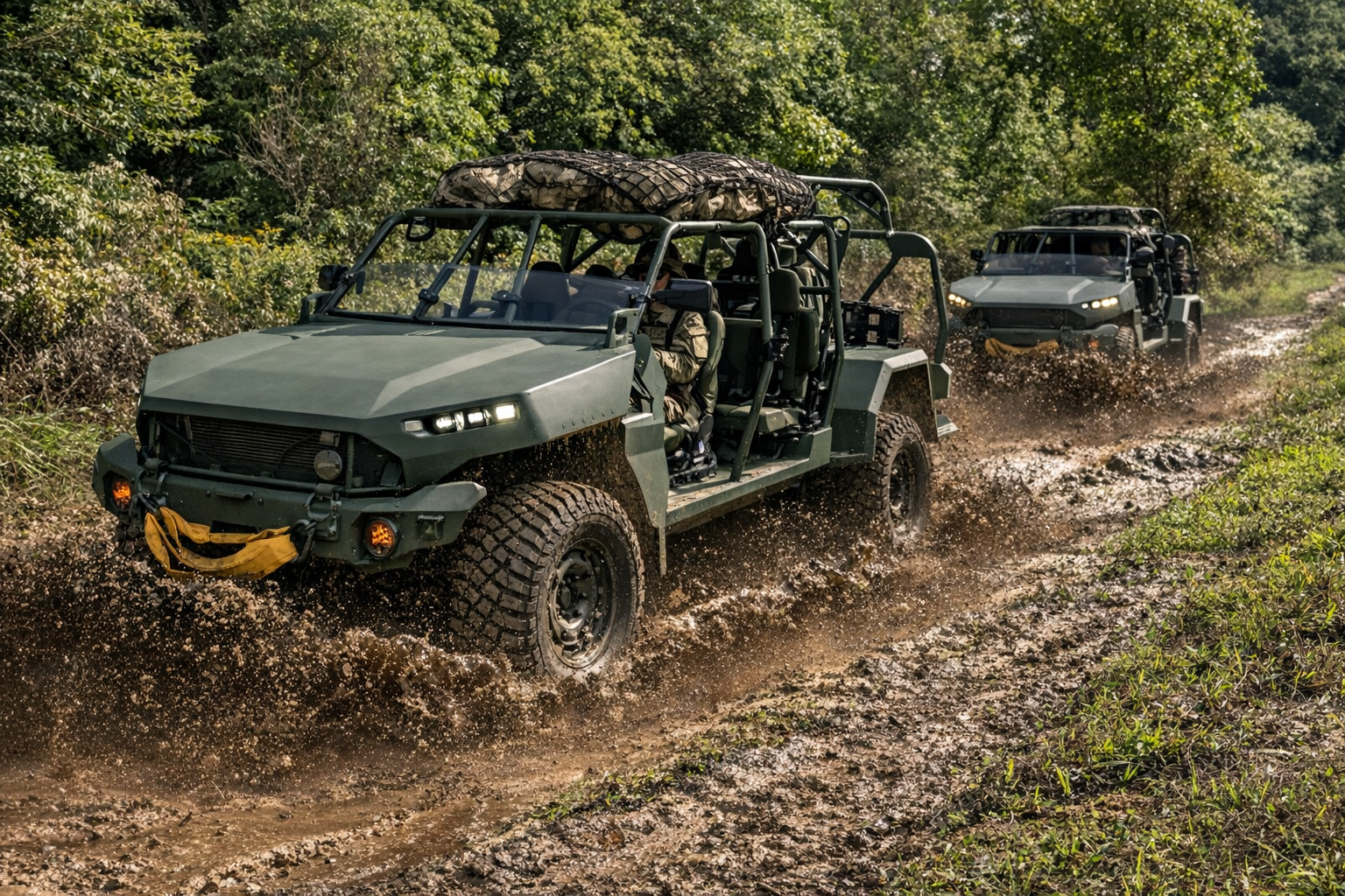 row of vehicles going driving through the mud.